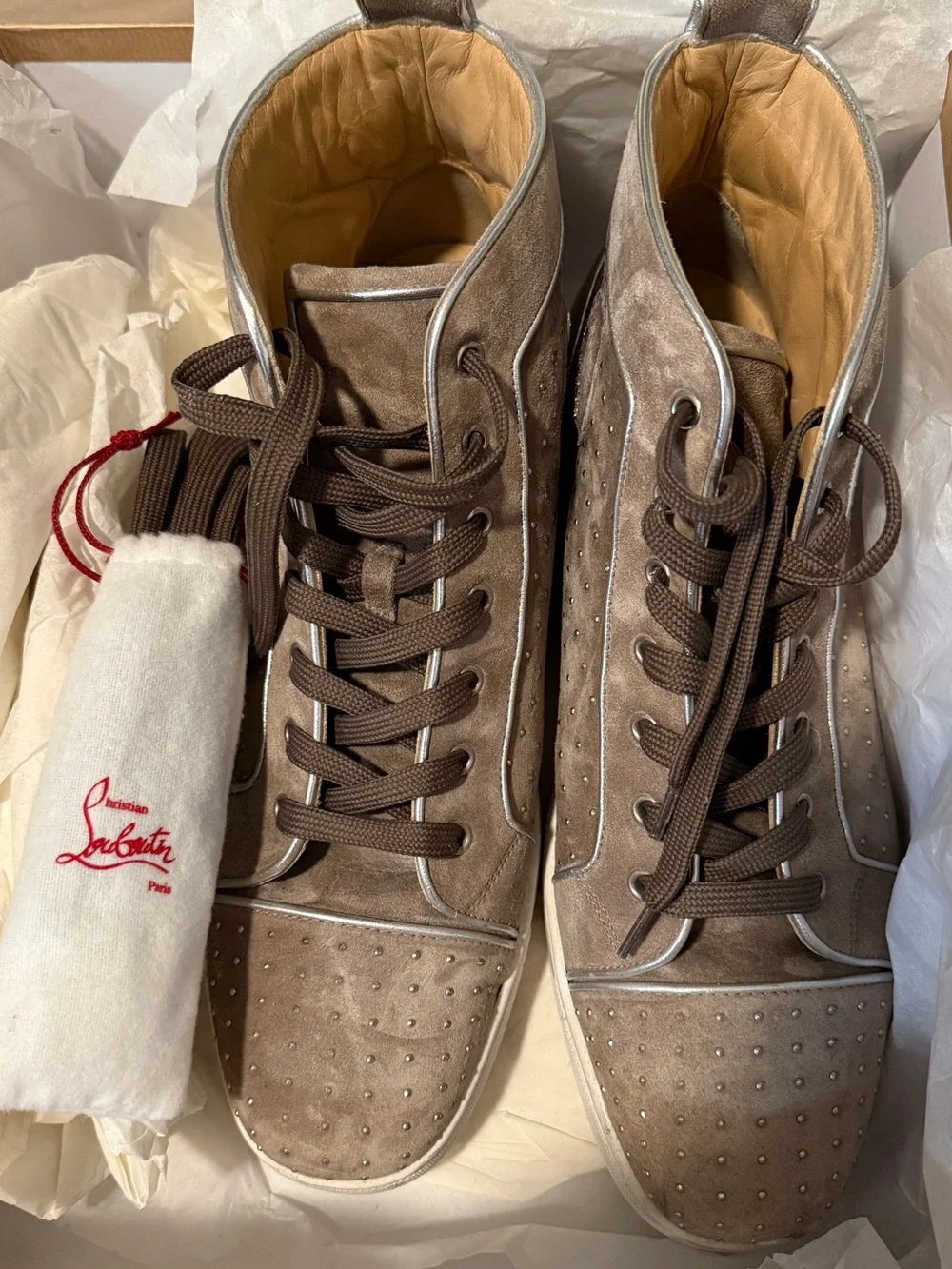 Christian Louboutin Men's Suede High-Top Sneakers in Taupe